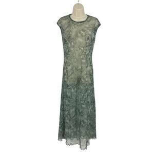Y2K Mesh Midi Dress Size S Cap Sleeve Sheer Floral Greyish Green Fairy Grunge